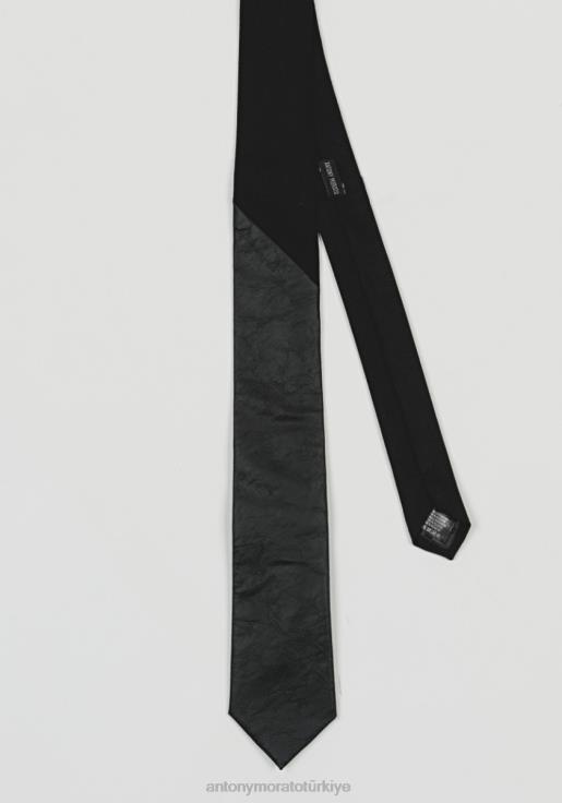 Antony Morato erkekler siyah suni deri detaylı ve buruşuk efektli kravat Aksesuarlar 28JN2374