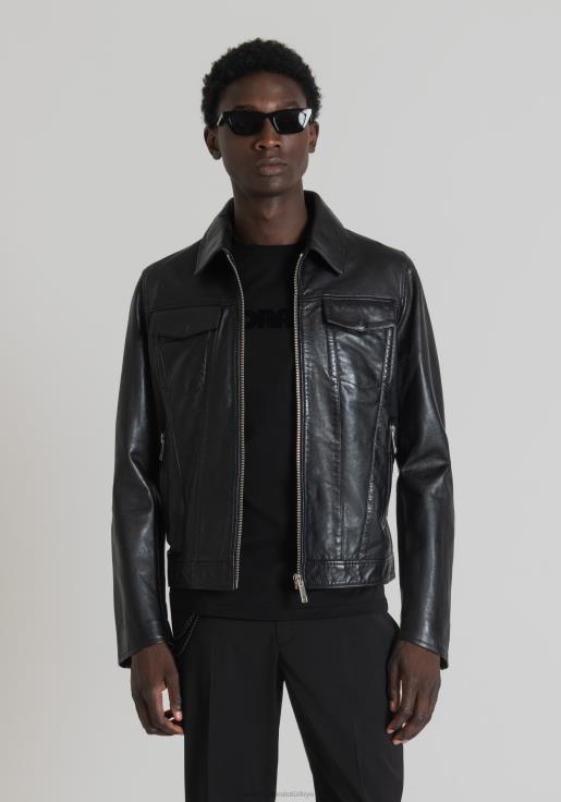 Antony Morato erkekler siyah gömlek yakalı hakiki deriden dar kesim ceket Giyim 28JN21