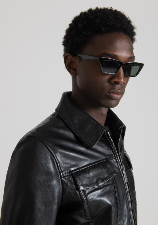 Antony Morato erkekler siyah gömlek yakalı hakiki deriden dar kesim ceket Giyim 28JN21