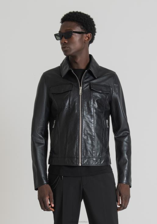 Antony Morato erkekler siyah gömlek yakalı hakiki deriden dar kesim ceket Giyim 28JN21