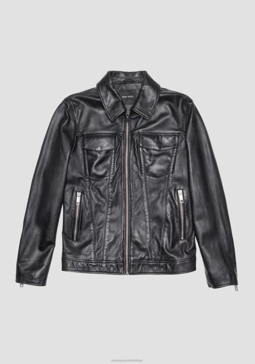 Antony Morato erkekler siyah gömlek yakalı hakiki deriden dar kesim ceket Giyim 28JN21