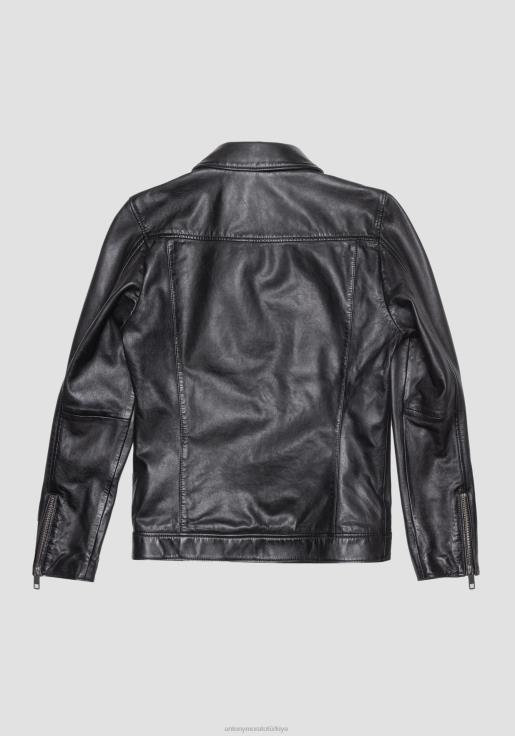 Antony Morato erkekler siyah gömlek yakalı hakiki deriden dar kesim ceket Giyim 28JN21