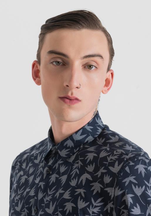 Antony Morato erkekler Mavi mürekkep baskılı pamuk karışımlı barcelona normal kesim gömlek Giyim 28JN2111