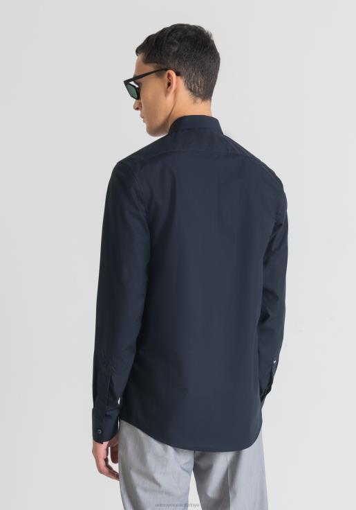 Antony Morato erkekler Mavi mürekkep kolay ütülenen pamuklu dar kesim gizli düğme patlı londra gömleği Giyim 28JN2132