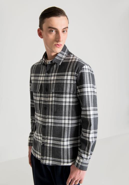 Antony Morato erkekler koyu gri melanj kareli pamuklu fitilli munich düz kesim normal gömlek Giyim 28JN2126