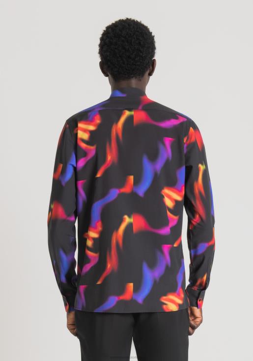 Antony Morato erkekler siyah yumuşak pamuk karışımlı kumaştan, çok renkli desenli barcelona düz kesim gömlek Giyim 28JN2116