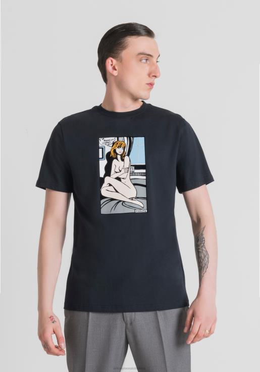 Antony Morato erkekler Mavi mürekkep %100 pamuktan, vinyet baskılı, normal kesim tişört Giyim 28JN2181