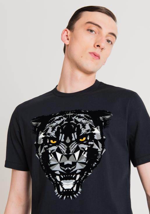 Antony Morato erkekler Mavi mürekkep %100 yumuşak pamuklu, panter desenli normal kesim tişört Giyim 28JN2202