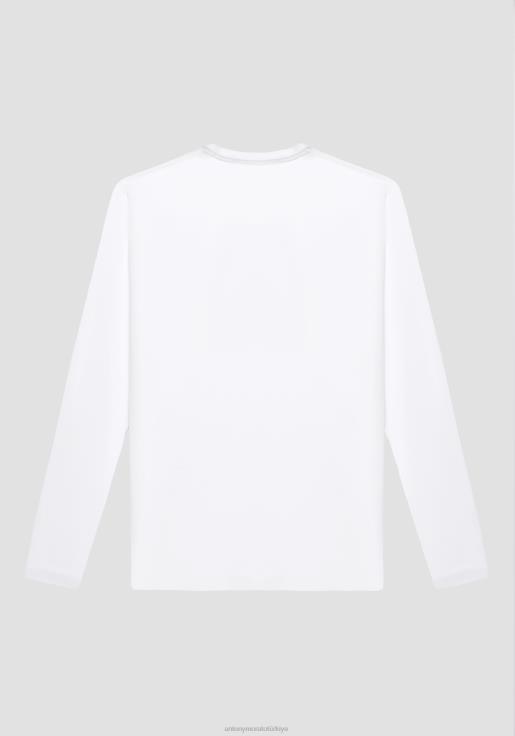 Antony Morato erkekler beyaz streç pamuklu, kauçuk logo baskılı, süper dar kesim, uzun kollu tişört Giyim 28JN2178