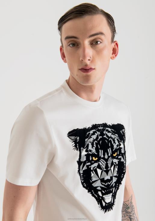 Antony Morato erkekler krem %100 yumuşak pamuklu, panter desenli normal kesim tişört Giyim 28JN2199