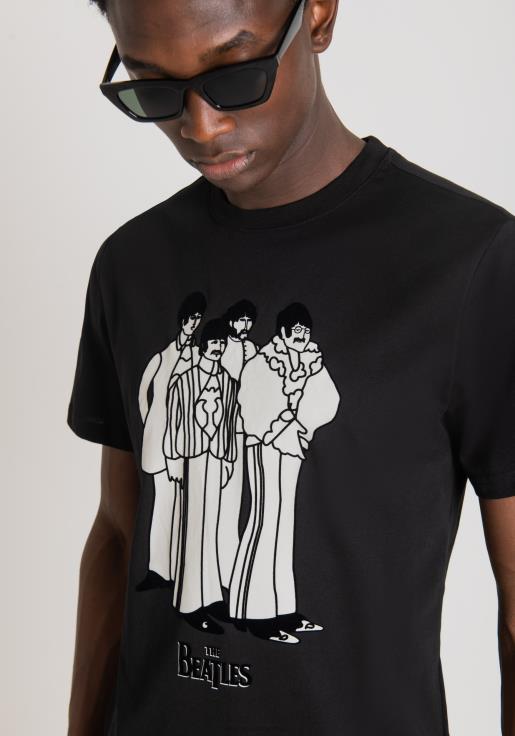 Antony Morato erkekler siyah %100 pamuklu, beatles baskılı normal kesim tişört Giyim 28JN2169
