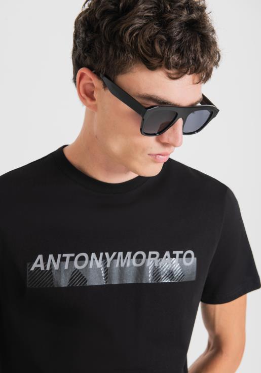 Antony Morato erkekler siyah %100 pamuklu, kauçuk logo baskılı, dar kesim tişört Giyim 28JN2155