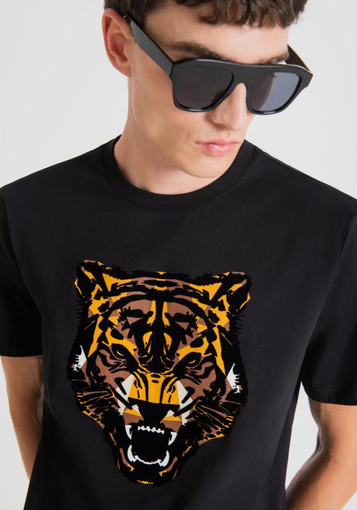 Antony Morato erkekler siyah Kaplan desenli %100 pamuklu normal kesim tişört Giyim 28JN2183