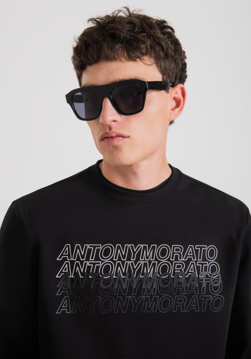 Antony Morato erkekler siyah Yumuşak streç pamuklu kumaştan, kontrast kauçuk logo baskılı, dar kesim sweatshirt Giyim 28JN248