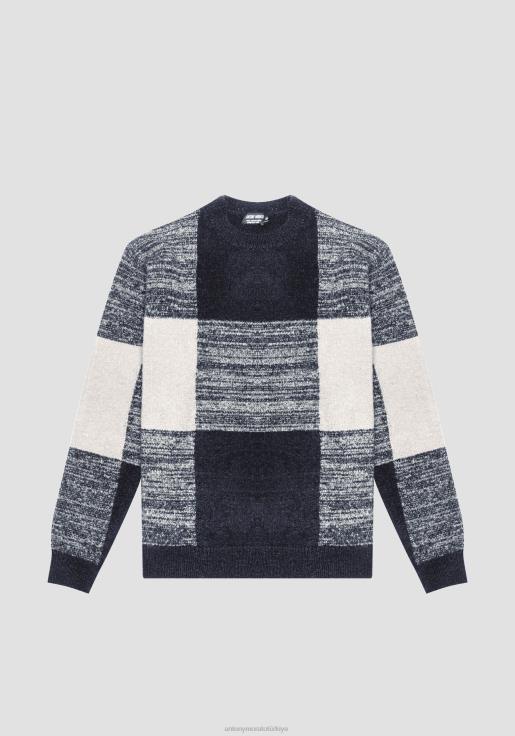 Antony Morato erkekler Mavi mürekkep Tiftik karışımı iplikten, jakarlı ekose desenli, normal kesim kazak Giyim 28JN280