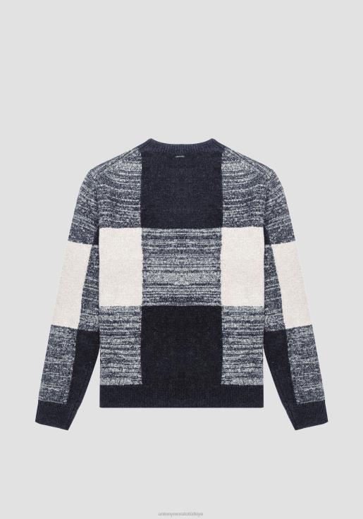 Antony Morato erkekler Mavi mürekkep Tiftik karışımı iplikten, jakarlı ekose desenli, normal kesim kazak Giyim 28JN280