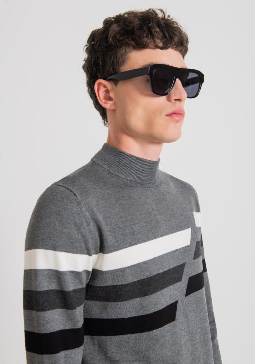 Antony Morato erkekler orta koyu gri Kontrast jakar çizgili, streç traşlı viskon iplikten dar kesim sahte polo yaka Giyim 28JN276