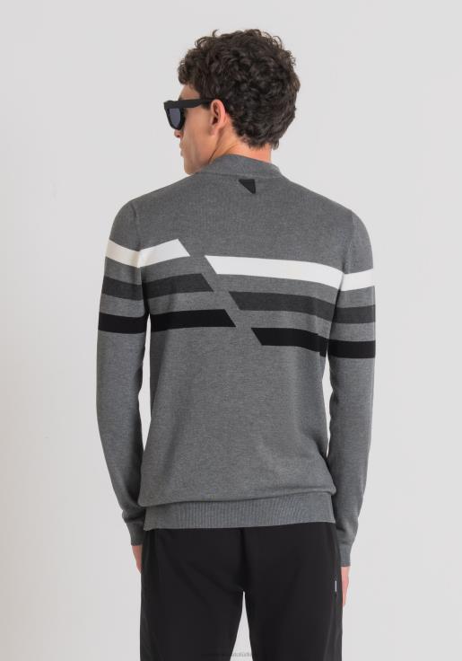 Antony Morato erkekler orta koyu gri Kontrast jakar çizgili, streç traşlı viskon iplikten dar kesim sahte polo yaka Giyim 28JN276