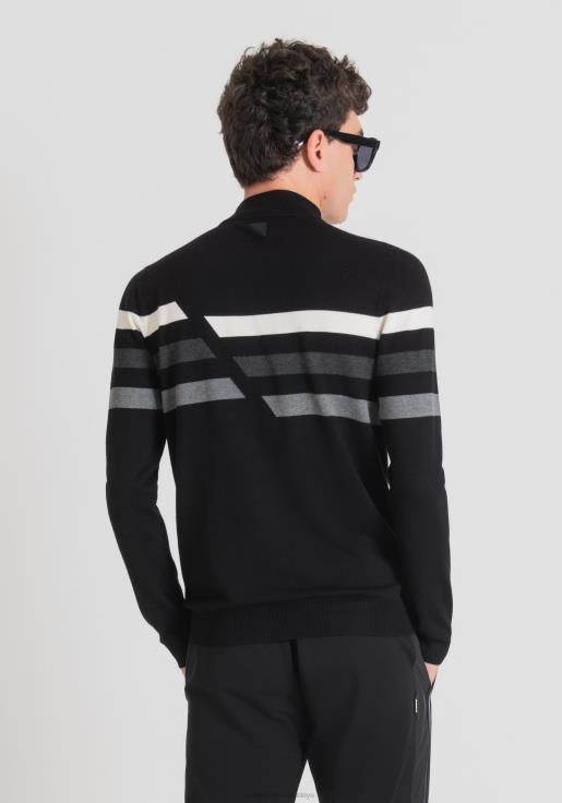 Antony Morato erkekler siyah Kontrast jakar çizgili, streç traşlı viskon iplikten dar kesim sahte polo yaka Giyim 28JN290