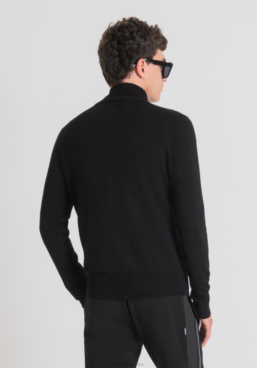 Antony Morato erkekler siyah Logo yamalı, traşlanmış streç viskon iplikten, fermuarlı, yüksek yaka kazak Giyim 28JN295