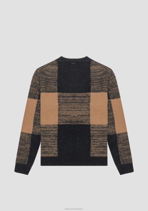 Antony Morato erkekler siyah Tiftik karışımı iplikten, jakarlı ekose desenli, normal kesim kazak Giyim 28JN2101